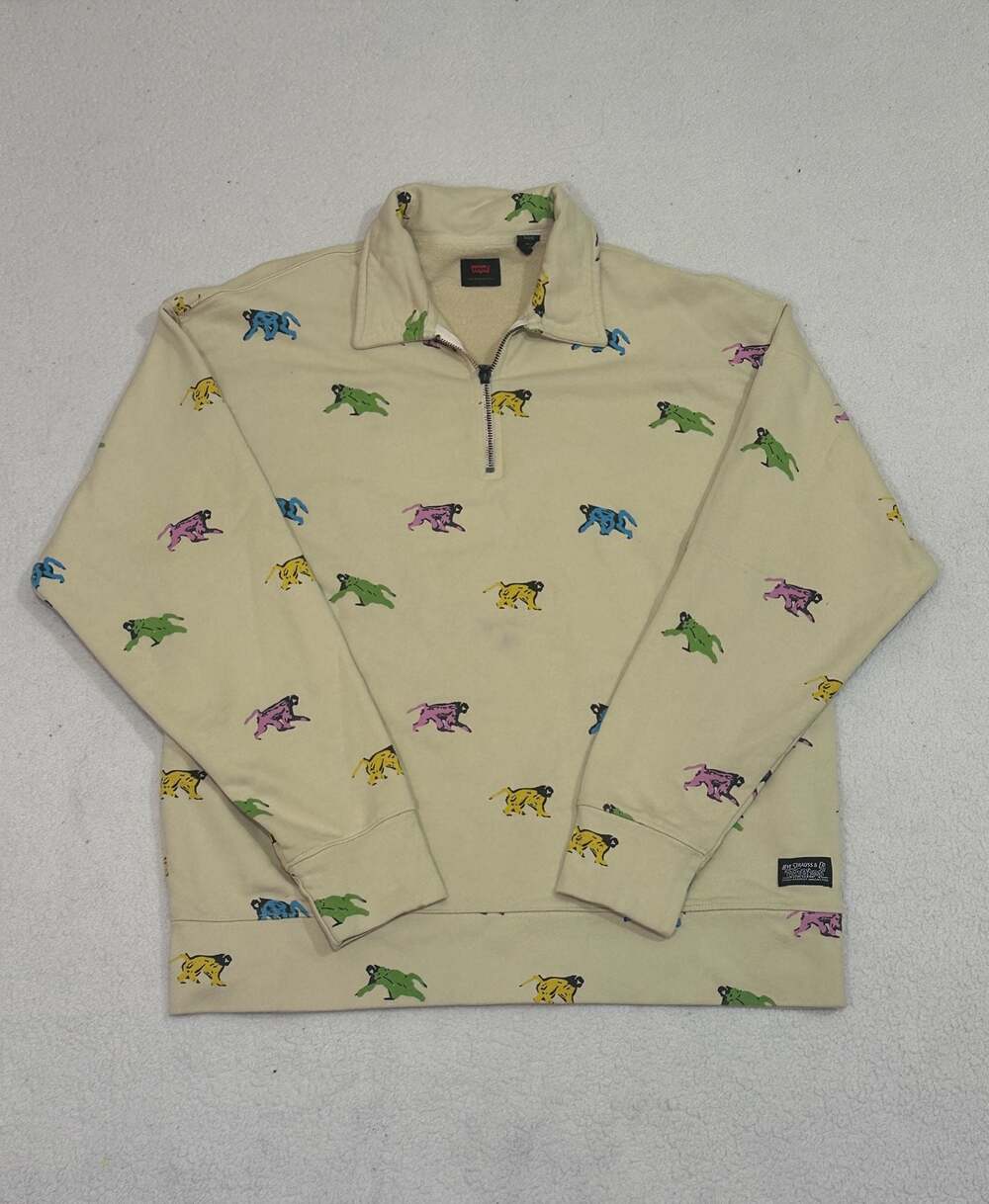 Levi's Yellow Main Skate Painted Monkeys Quarter-Zip Sweatshirt Size L
